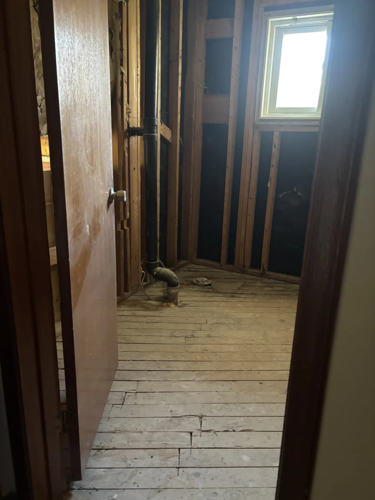 Small bathroom gutted to the studs and drain stack