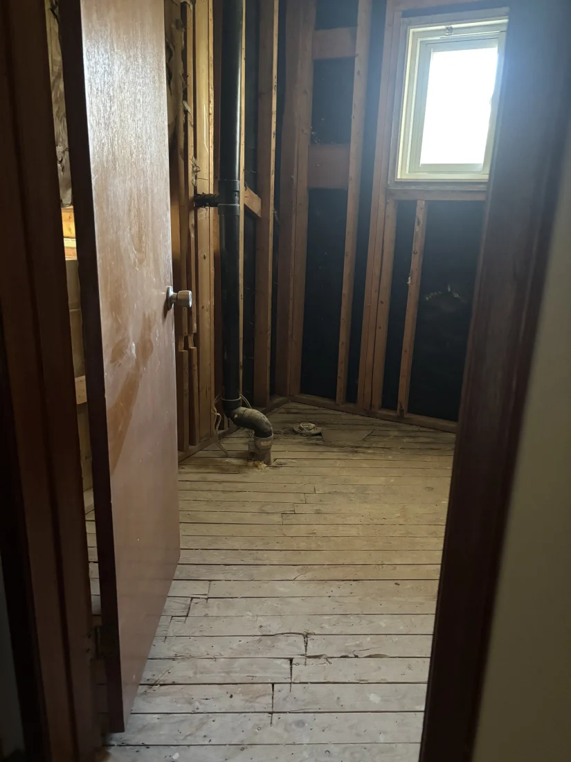 Small bathroom gutted to the studs and drain stack