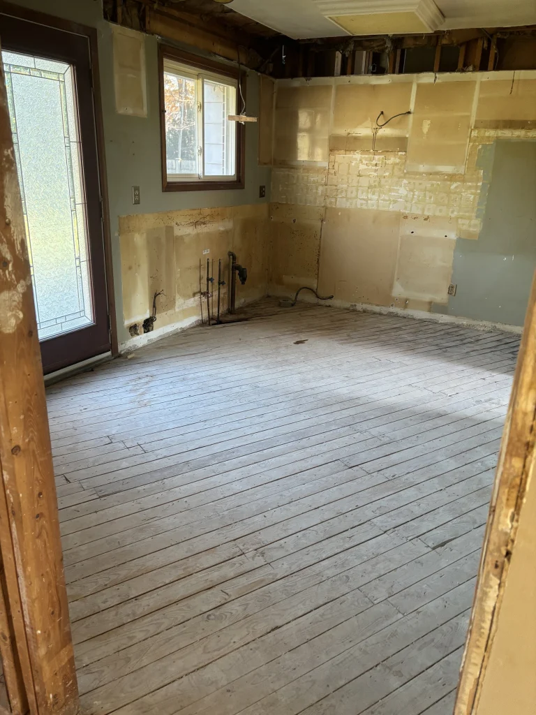 Kitchen with the cabinets, counters and flooring removed