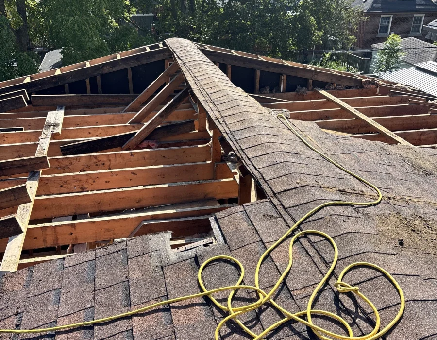 Shingles and roof boards stripped back to the rafters